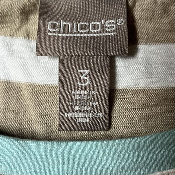 Chicos Striped Short Sleeve Top Sz 3 Beige White Aqua Cap sleeve Nautical US XL - Picture 4 of 6